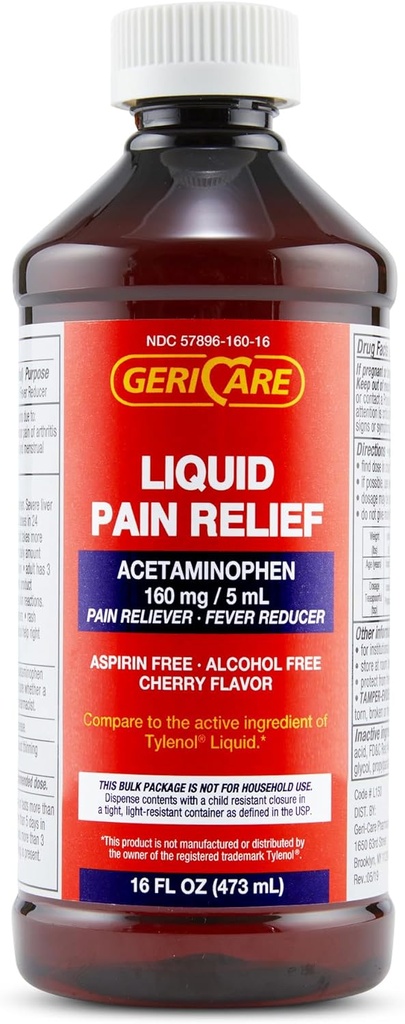 GeriCare Liquid Acetaminophen felnőttek és gyerekek számára, 16oz palack Cherry Ízesített Acetaminophen a fejfájás, izom Ache, fogfájás, menstruációs fájdalom csökkentő és folyadék fájdalom Reliever, 160mg per 5ml