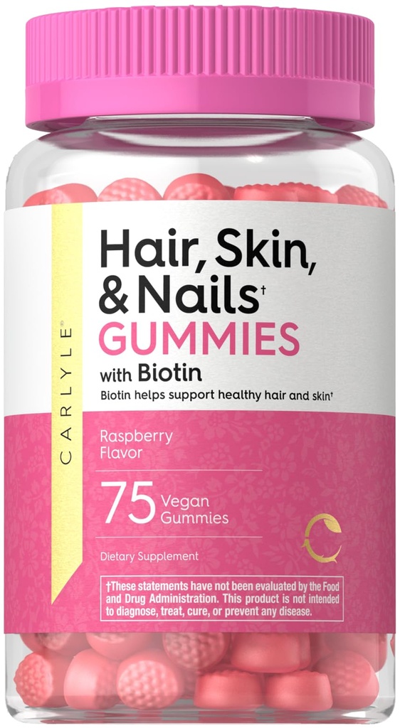 Carlyle Hair Skin and Nails with Biotin 2500mcg | 75 Gummies | with Vitamin C & E | Raspberry Flavor | Non-GMO, Gluten Free Supplement
