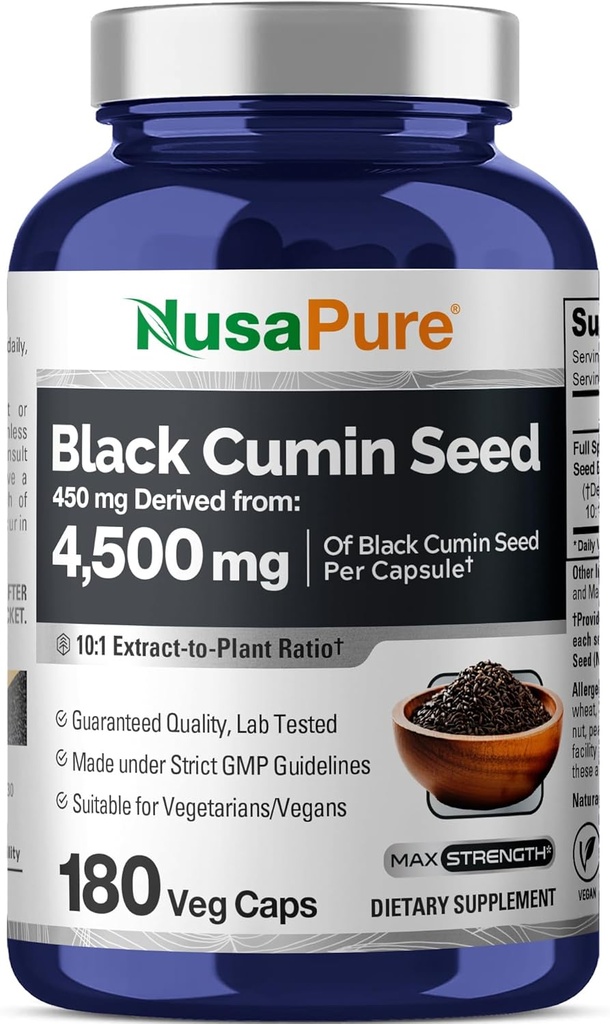 NusaPure Full Spectrum Black Cumin Seed 10: 1 Ekstrakt, 450 mg, mis vastab 4500mg 180 Veggie Powder Caps Non-GMO, Vegan Non-Oily