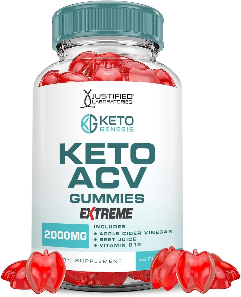 Justified Laboratories Keto Genesis Keto ACV Gummies Extreme 2000MG Keto Genesis Keto Gummies Advanced Formel Apple Cider Vinegar med granatäpplebet Juice Powder B12 Vegan Non GMO 60 Gummys
