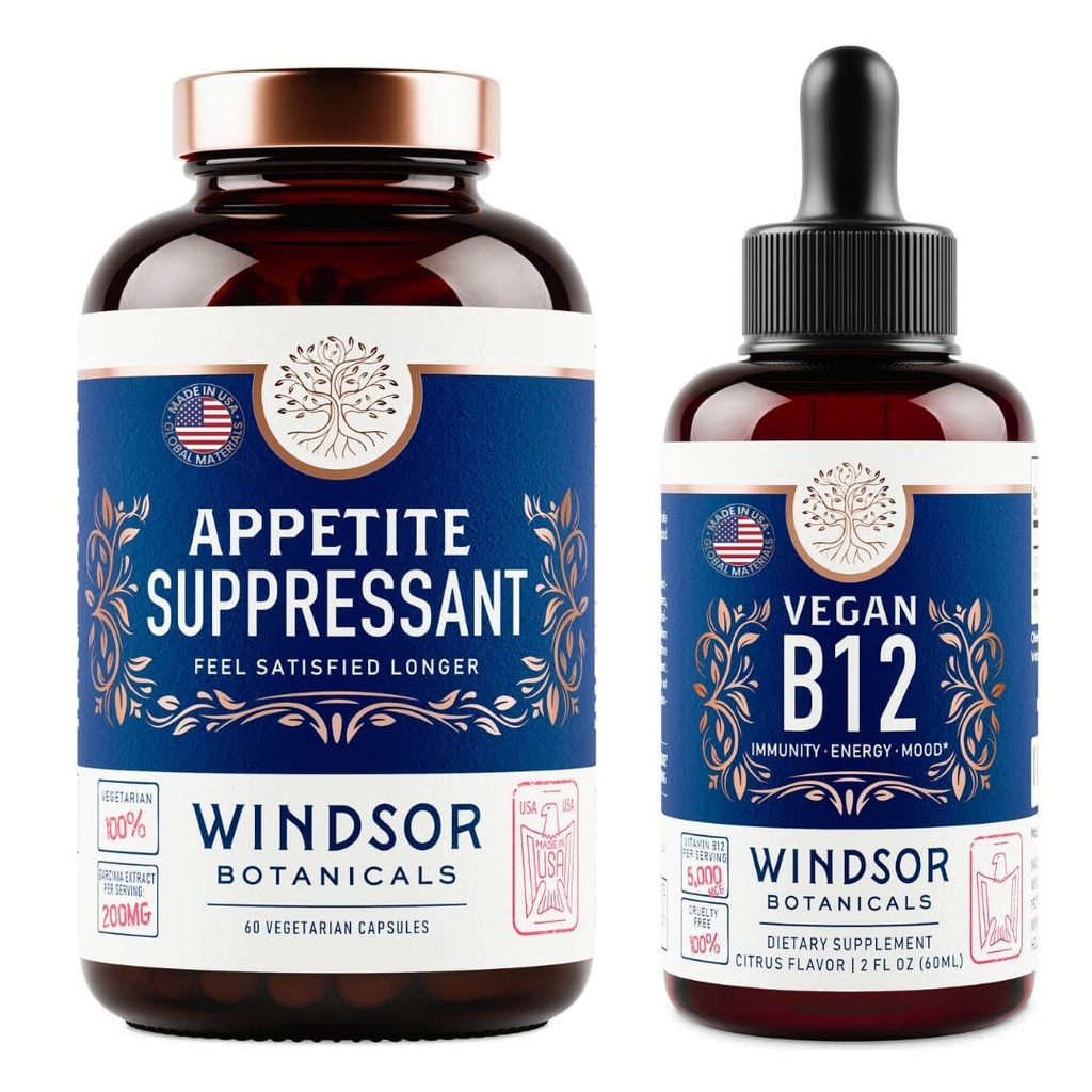 WINDSOR BOTANICALS Appetite Suppressant for Weight Loss and Vegan B12 Liquid Bundle