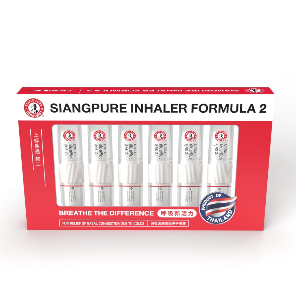 Siang Pure Aromatherapy Nasal Inhaler - Cooling Menthol, Peppermint and Eucalyptus Oil - Allergy, Congestion & Sinus Relief (6 Pack)
