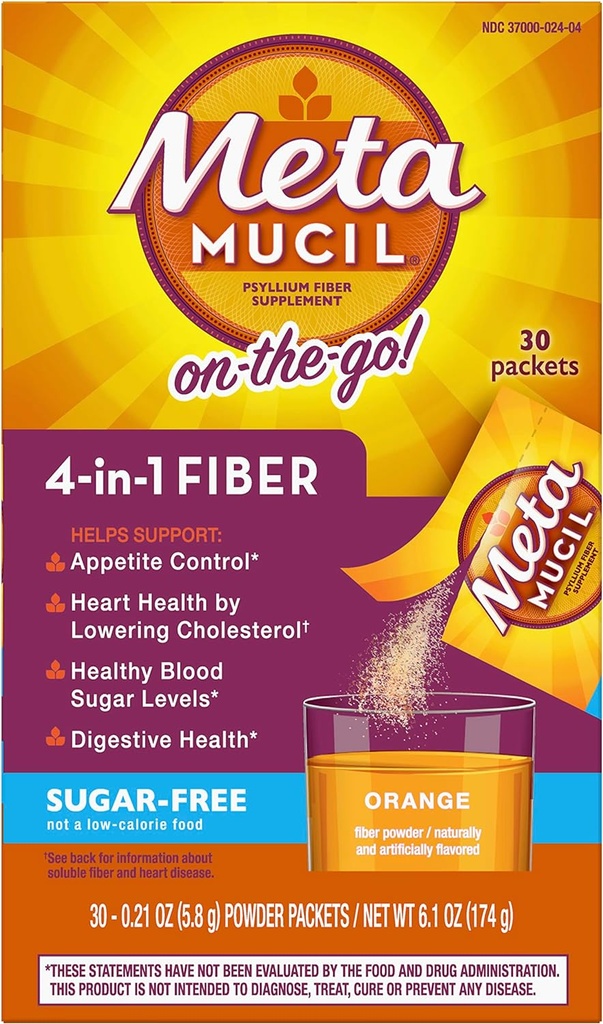Metamucil Fiber 4- in-1 Psyllium Fiber tillæg Sugar- Free Powder Single- Serve Pakninger Orange Smagsfyldt drik 2 æsker med 30 Pakninger (OLD)