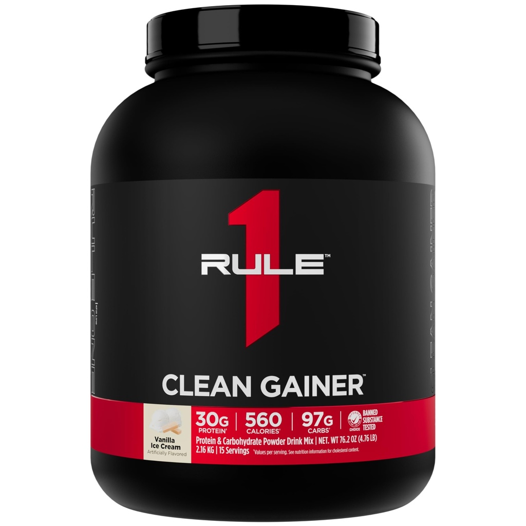 Rule 1 Proteins Clean Gainer - High-Protein Lean Gain Formula with 560 Calories, 30g of Full-Spectrum Protein, Over 90g Carbs, Under 6g of Fat (15 Servings, Vanilla Ice Crème)