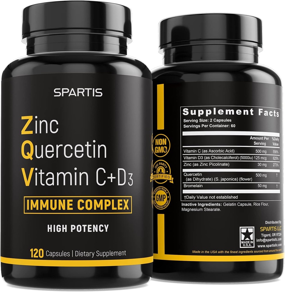Cinka Quercetin 500mg ar C vitamīnu D3 vitamīns Bromelain Imūnsupport High potence Quercetin cinka papildinājums ZQV ar SPARTIS (iepakojums no 1 pudeles pie 120-Caps)
