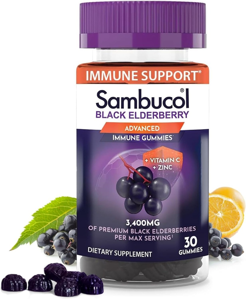 Sambucol Elderberry Gummies - Immune Support Supplement for Adults with Vitamin C & Zinc, Sambucus Elderberry with High Antioxidants, Gluten Free, Vegan - 30 Count