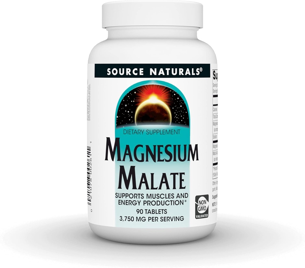 Source Naturals Magnesiummalate, Tukee lihasten ja energian tuotantoa*, nonGMO, kasvissyöjä Friendly Magnesium Supplement, 3750 MG per Serving - 90 tablettia