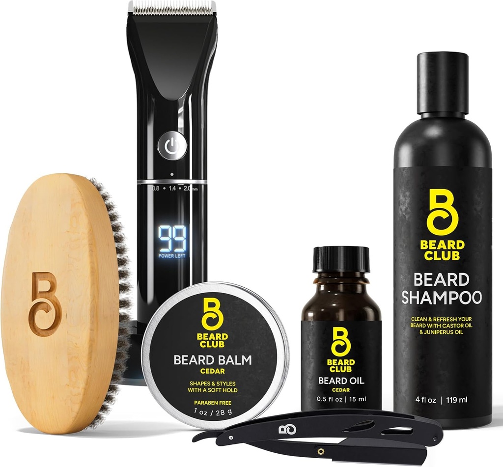 The Beard Club Grooming Bundle: Trimmer for Men & Care Kit כולל Cordless Electric Trimmer, Straight Edge Razor, Shampoo, Cedar Balm & Oil, Brush - 8 Guides, 45 אורכו