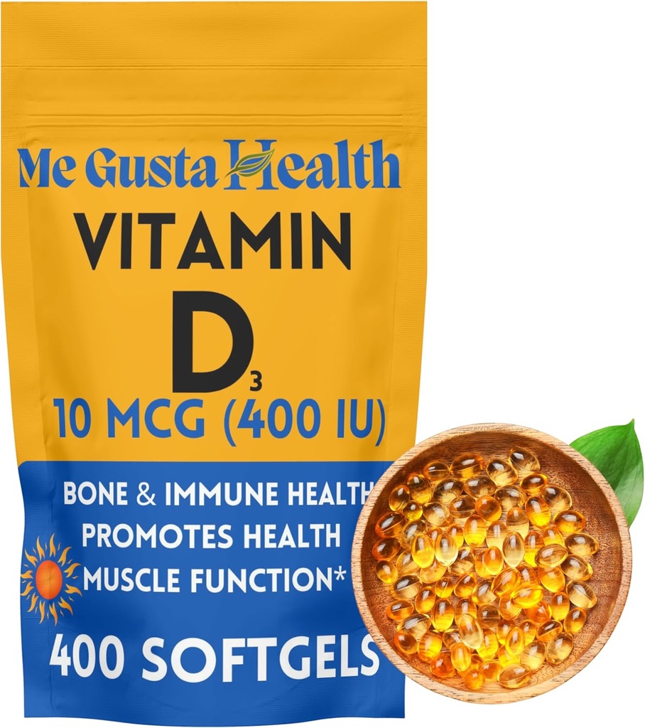D3 10 mcg (400 IU) 400 Softgels | Suplemento de vitamina D3 | Softgels de vitamina D3 | esencial para a absorción de calcio | Suplemento dietético para ósos, dentes, músculo e apoio á saúde inmune