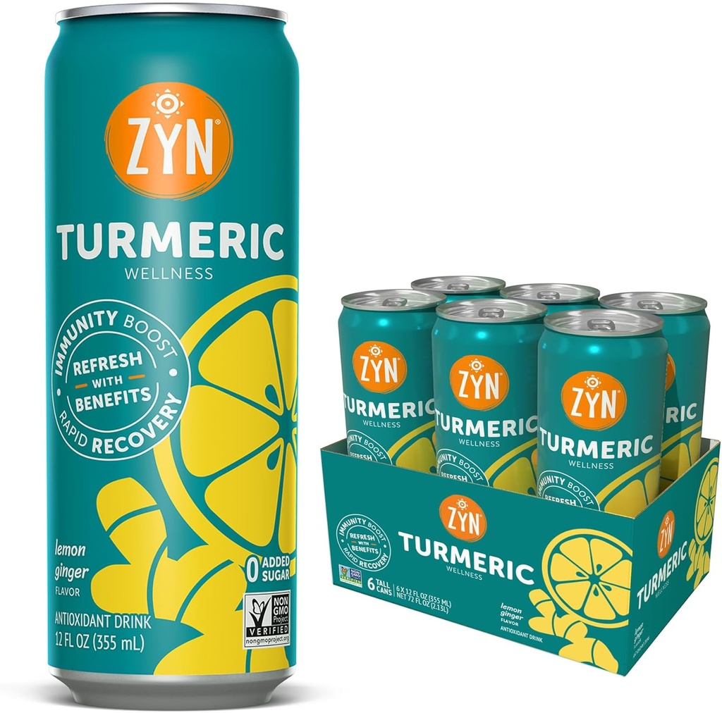 ZYN Turmeric Wellness Drink (6 Pack), Citrónová zázvor ochucený kurkumin nápoj s černým pepřem, bez přidaného cukru, Nízké sacharidy & Nízké kalorie nápoj, Čistá alternativa