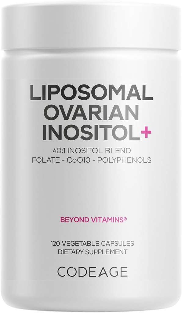 Koode Liposomaalsed munasarjad Inositool + Supplement - Myo-Inositool & D-Chiro-Inositool 40: 1 segu, folaat 5-MTHF, CoQ10, granaatõunad ja metsmustika, Liposomal Delivery, Non-GMO, Gluteenivaba - 120 kapslit