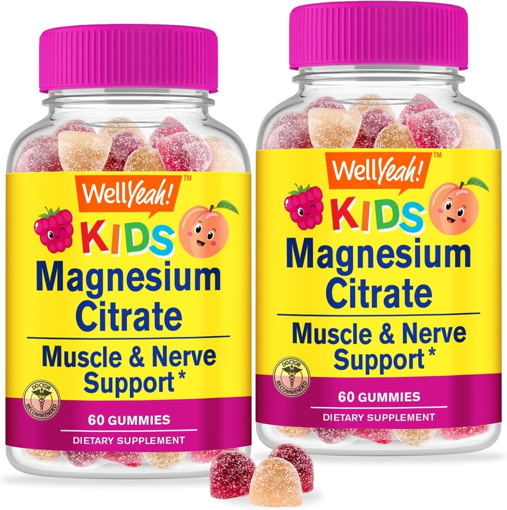 WellYe Magnesium Citrate Gummies for Kids (2 Pack) - Chewable Stress Relief supplement til børn - Natural Calm, Mood Support, Non-GMO, Gluten Free - Natural Sourced Flavors - 60 Gummies
