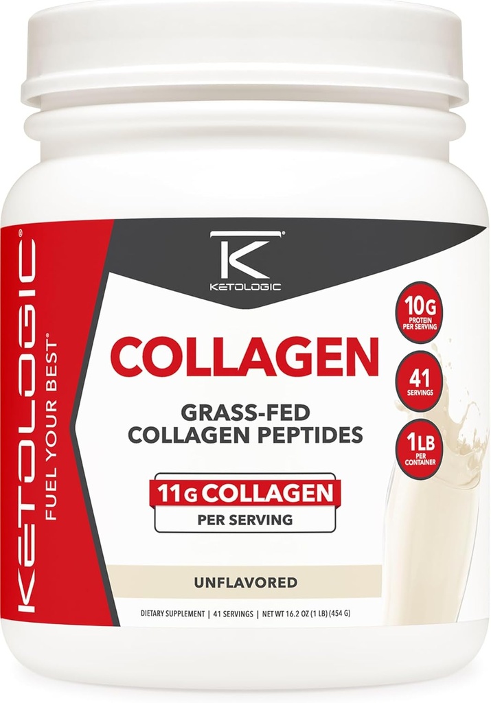 Ketologic Grass Fed Collagen Hydrolysate Powder (1 LB) - 41 zerbitzu, 11 G Collagen Per Service, 10 G Protein Per Service - Collagen Peptides