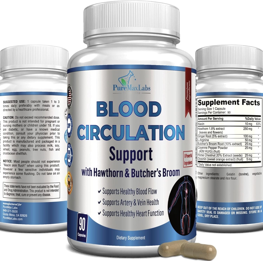 Supplément de circulation sanguine - avec Hawthorn, boucherie, châtaigne, arginine, diosmin, traitement des veines varices, support de circulation - 90 capsules