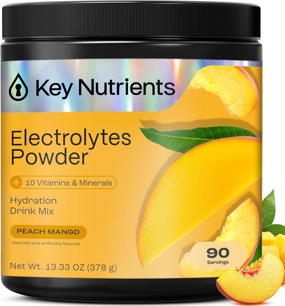 KEY NUTRIENTS Multivitamin Electrolytes Powder No Sugar - Tropical Peach Mango Electrolite Powder - Endurance & Energy Suplemen - Powder Hidration - Tidak Ada Kalori- 90 Servis - Dibuat di USA