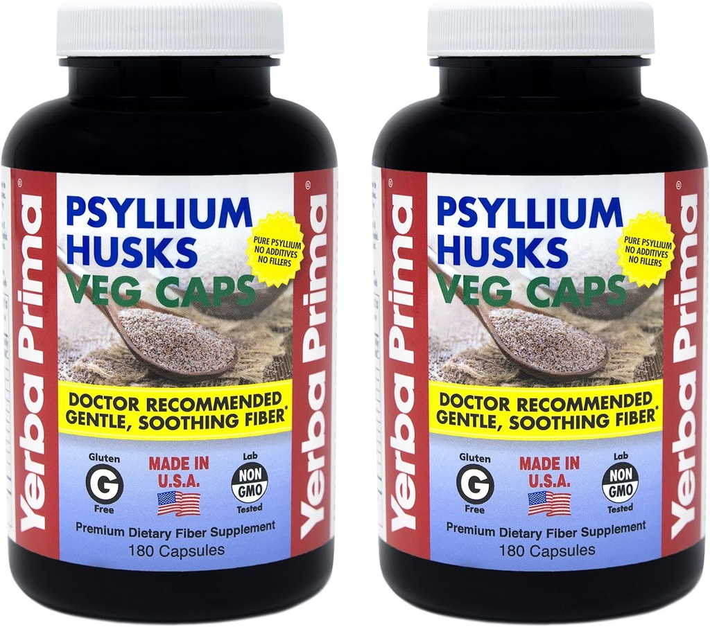 Yerba Prima Psyllium Husks Veg Caps - 180 Count (2 Pack) (625mg) - Vegan, Não-GMO, Gluten Free, Colon Cleanser, Suplemento diário de fibra para Gut Saúde & Regularidade