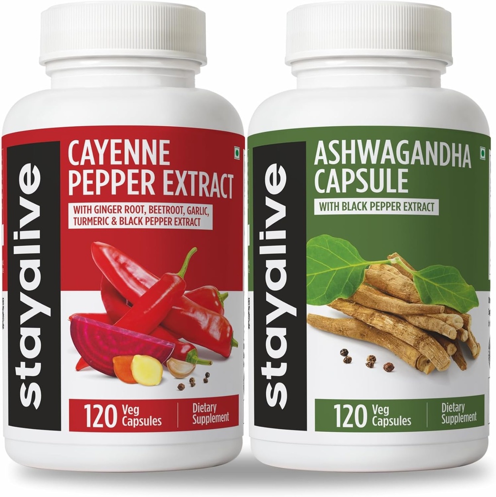 STAY ALIVE Cayenne and Ashwagandha Bundle w/Black Pepper Extract Capsules, 240 Vegan Pills, Non-GMO & Gluten Free Ashwagandha Cayenne Pepper Supplement
