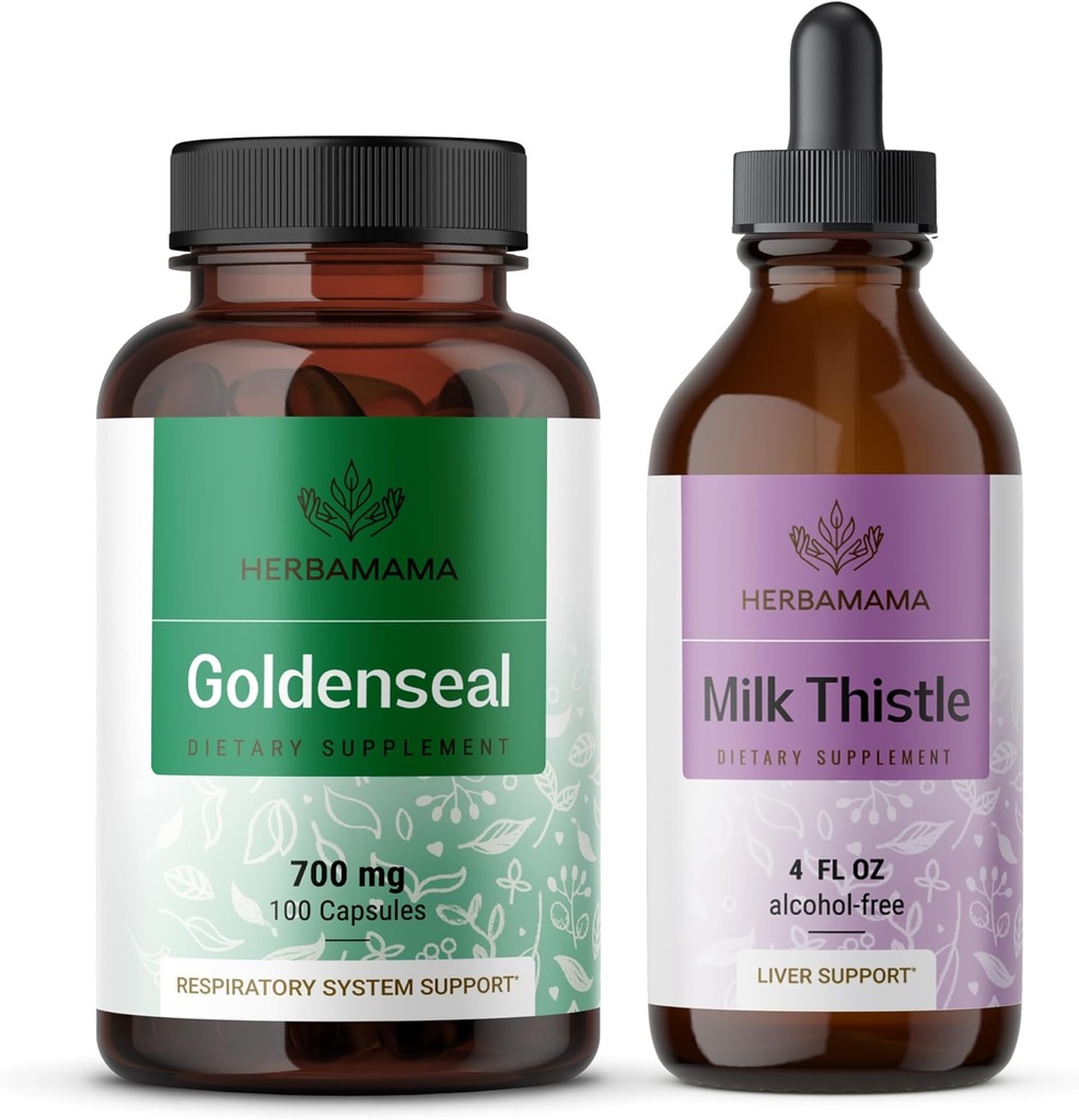 HERBAMAMA Goldenseal and Milk Thitle Kit - Bundle of 700 mg Goldenseal Root Capsules and Milk Thitle Tincture 2 fl oz - Vegan, Non-GMO, Cukor & Bez alkoholu - 2 balenia