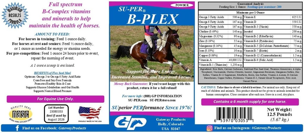 SU-PER B-Plex 粉末 Equine Vitamins - 完整的 B-Complex 马肉和矿物补充 - 健康胡蜂,红血细胞,马冷粉 - 12.5英镑,6个月供应量(180天)