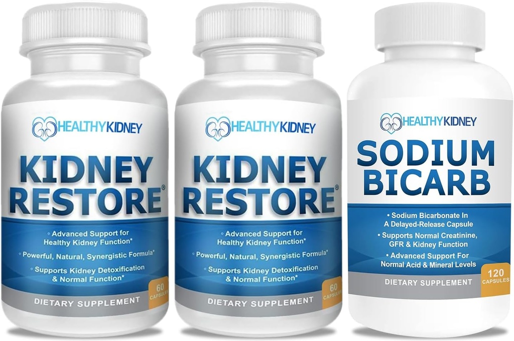 Suplemento de saúde Kidney Cleanse e Kidney para apoiar a función normal de Kidney 60 cápsulas, 2 Pack con bicarbonato de sodio 650mg cápsulas, 120 pílulas.