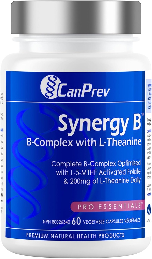 CanPrev Synnergy B 综合体与L-Thenine 60 Capsules 30天供应 - 促进精神放松、改善能源、认知清晰度和支持体与心 - Vegan、Non-GMO和Gluten-Free
