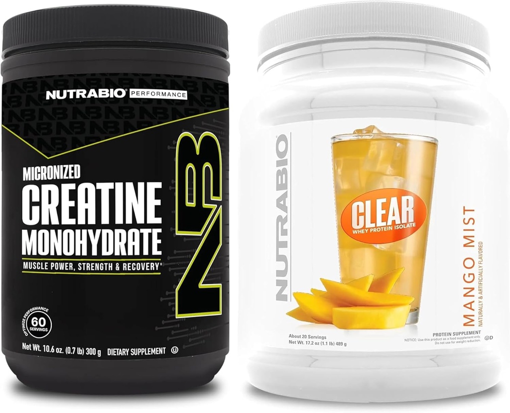 NuttraBio Creatine Monohydrate, Unflafeted, (300 g) dan Clear Whey Protein Isolate, (Mangga) Persediaan Bundle - Muscle Energy, Maximum Growth, Recovery, and Power