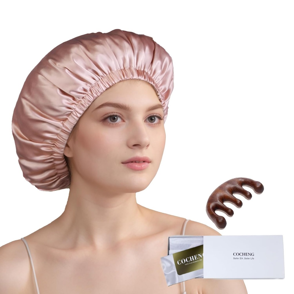 100% Mulberry Silk Bonnet for Sleeping Women Long Hair -Double Layer Sleep Cap -Silk Sleep Bonnet with Elastic Stay On Head (Pink, Large)