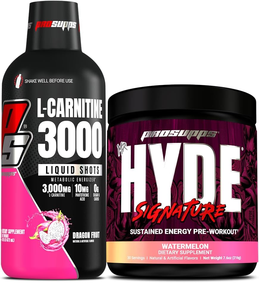 PROSUPPS L-Carnitine 3000 Stimulant Free Liquid Shots (31 Servings, Dragon Fruit) e Mr. Hyde Signature Series Pre-Workout Energy Powdered Drink (30 Servings, Watermelon) Bundle