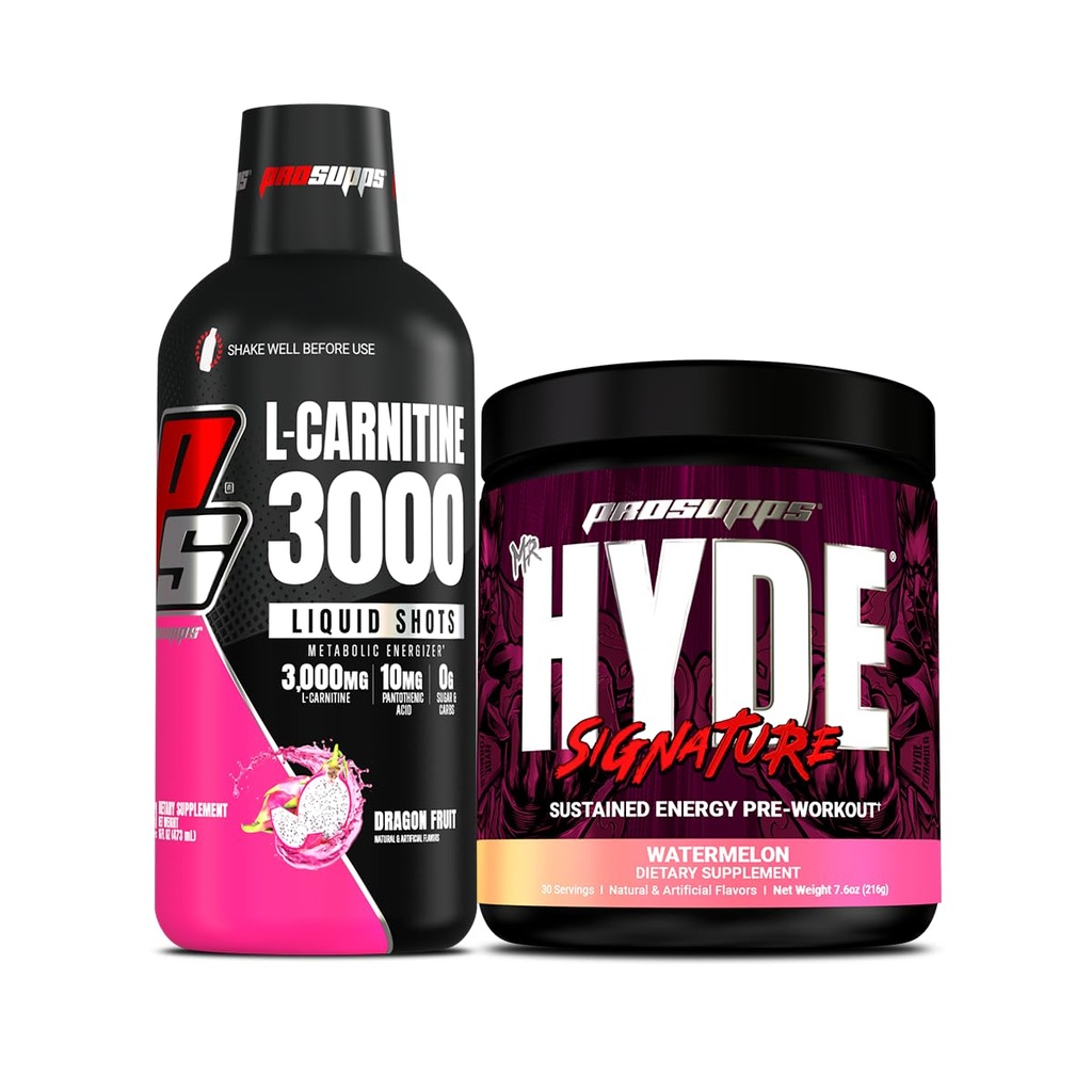 ProSupps L-Carnitine 3000 Liquid Shots & Mr. Hyde Pre-Workout Bundle | Stimulant Free Liquid Shots (Dragon Fruit) & Pre-Workout Energy Powdered Drink (Watermelon)