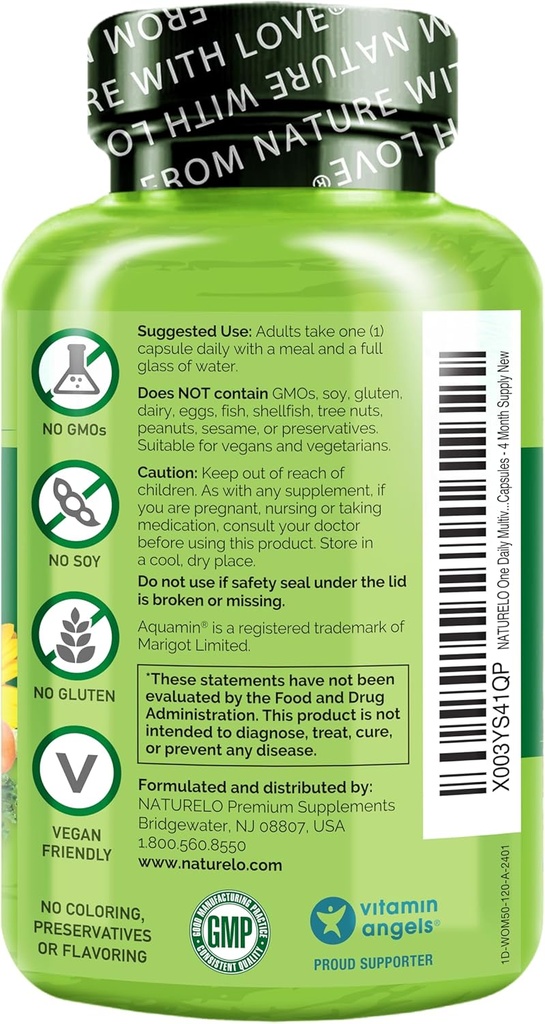 NATURELO One Daily Multivitamin für Damen 50+ (Iron Free) - Menopause Unterstützung für Frauen über 50 - Ganze Nahrungsergänzung - Non-GMO - No Soy - 120 Kapseln - 4 Monate Versorgung