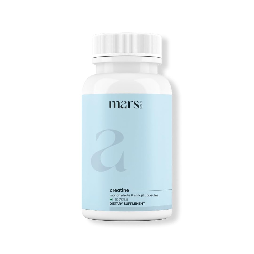 mars by GHC Micronized Creatine Monohydrate Capsules with Shilajit & Ashwagandha | Overall Well-Being | 120 Capsules | Pack of 1