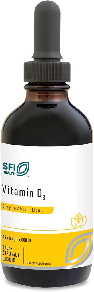 Klaire Labs SFI Health Vitamin D3 Liquid Drops - High Potency 5000IU VIT D i Easy-to-Absorb MCT Oil - Immune Support - No Soy, No Artificial Colorings or Flavors (120ml / 4 fl oz)