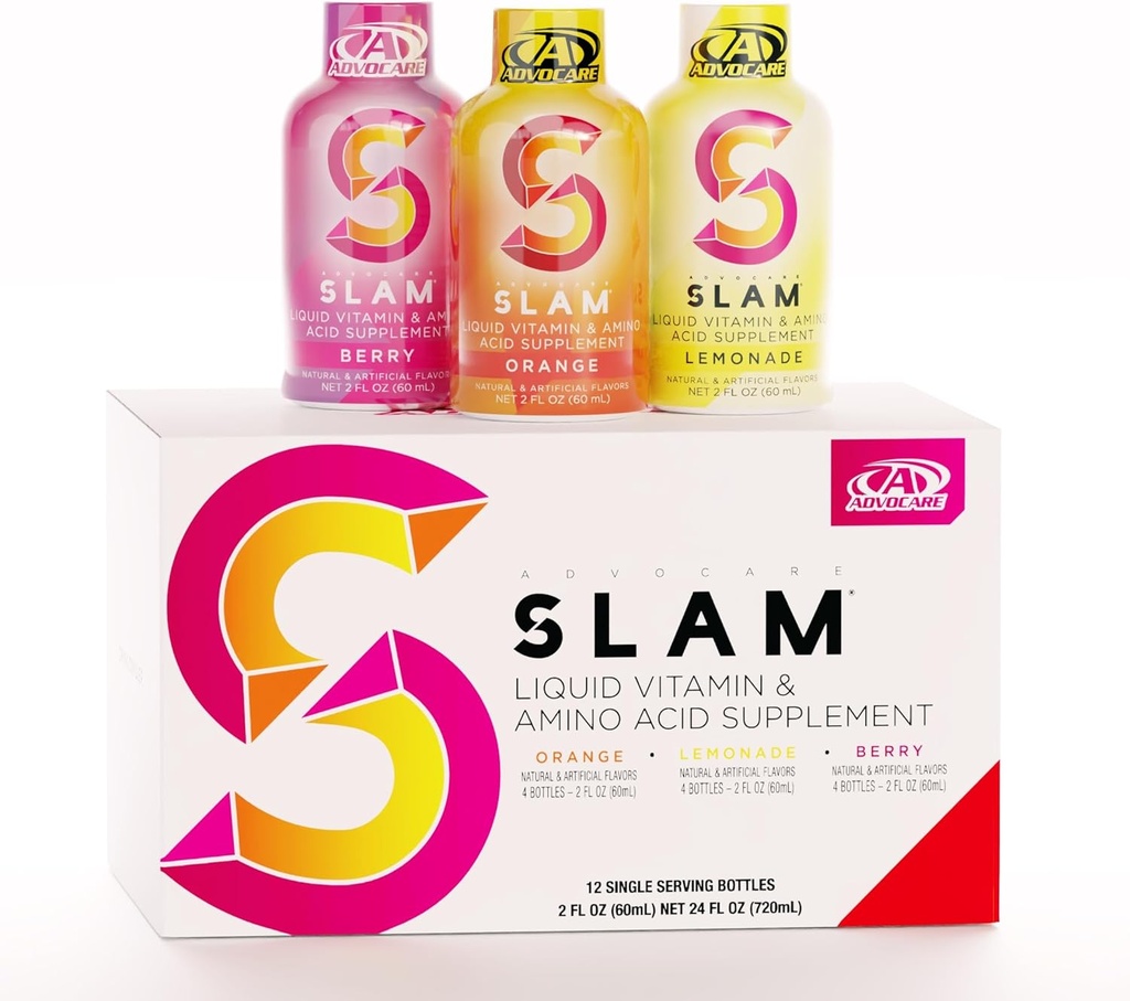 AdvoCare Slam Variety Pack - Suplemento Líquido de Vitamina e Aminoácido - Contém Vitamina B-12, B-6, Ácido Fólico & Mais - Laranja, Berry & Limonada - 12 Garrafas