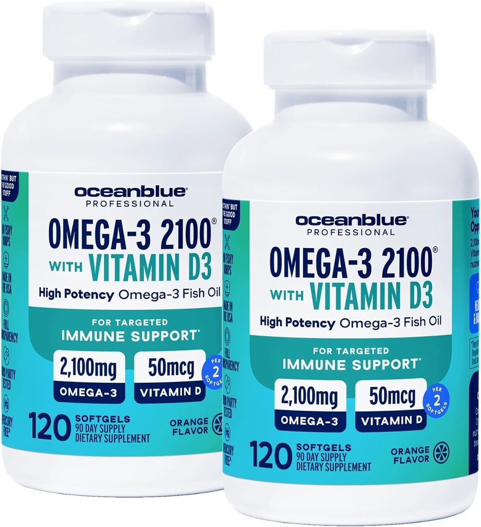 Oceanblue Professional Omega-3 2100 с витамином D3 – 120 кт – 2pack – тройная прочность безопасная добавка рыбьего жира с высокой потенцией EPA, DHA, DPA и витамином D3 – Wild-Caught – Orange Flavor