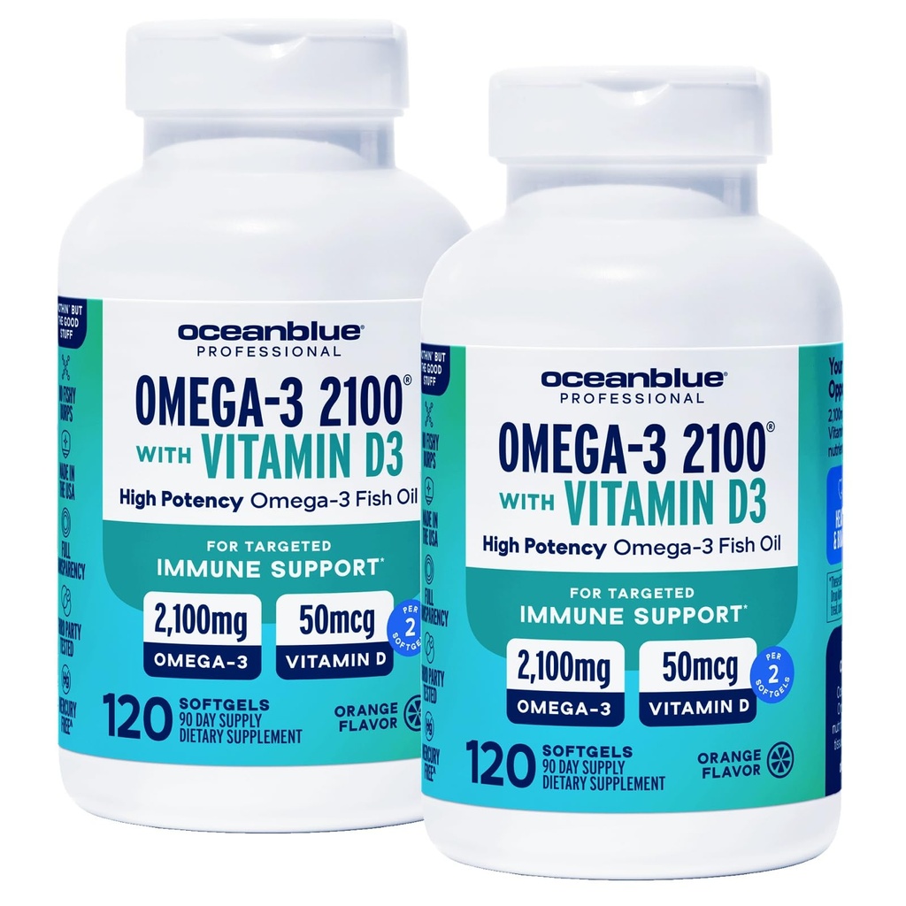 Oceanblue Professional Omega-3 2100 with Vitamin D3 - Triple Strength DPA EPA DHA Omega 3 Supplement - Burpless Wild Caught Fish Oil - Orange Flavor, 120 Count (Pack of 2)