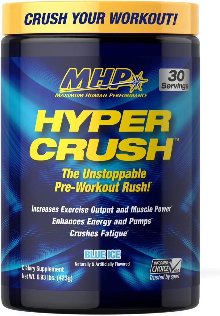Maximale menselijke prestaties MHP HYPER CRUSH Pre Workout energiedrank creatine beta alanine stikstofoxide pomp citrulline AKG 30 Servers, Blue Ice, 14,88 Ounce
