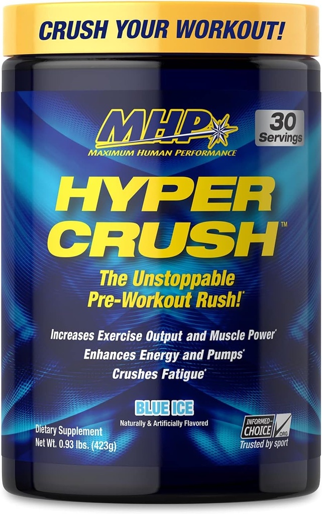 Maximum Human Performance MHP HYPER CRUSH Pre Workout energy drink creatine beta alanine nitric oxide pump citrulline AKG 30 Servings, Blue Ice, 14.88 Ounce