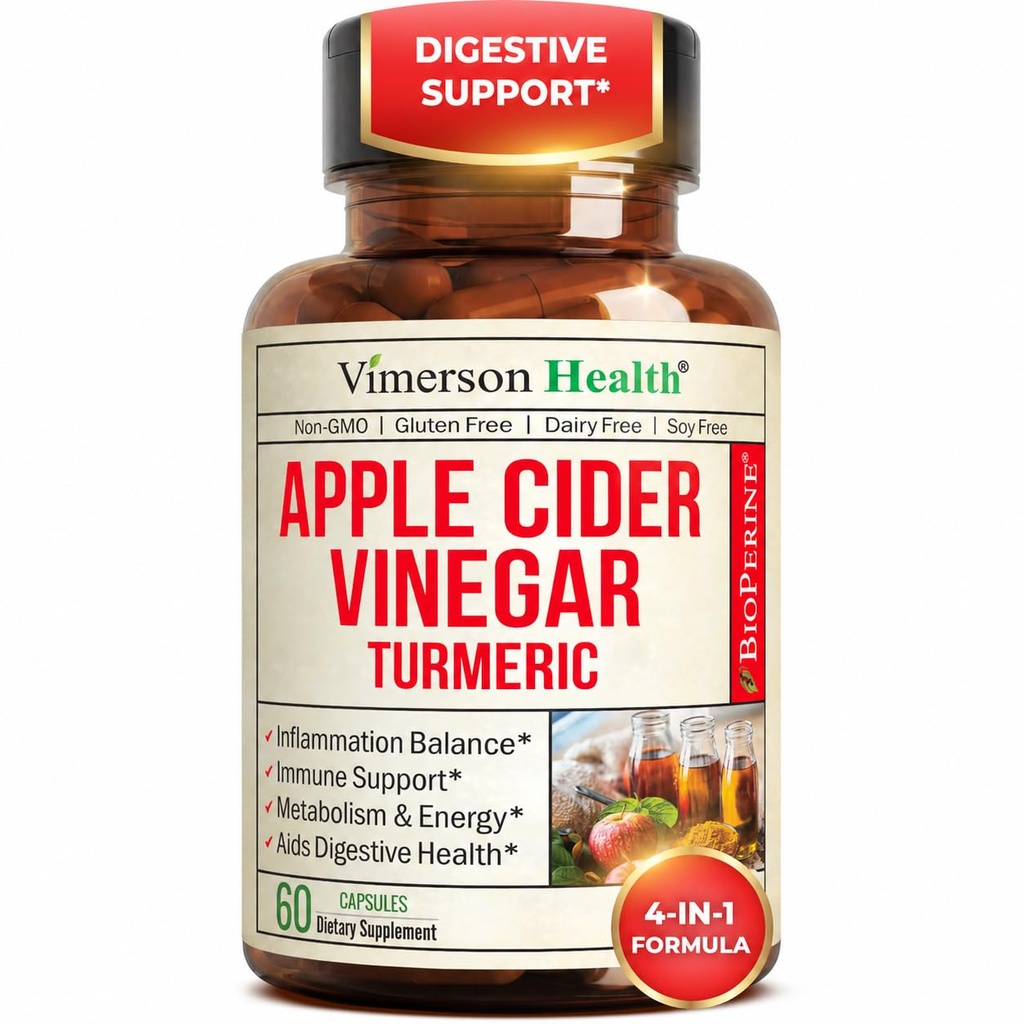 Organic Apple Cider Vinegar with Turmeric Curcumin Supplement & Ginger for Digestive Health, Metabolism, Energy & Joint Support – Organic Turmeric & Apple Cider Vinegar Capsules – 60 Vegan Non-GMO