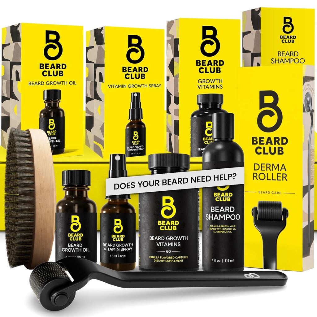 The Beard Club Advanced Beard Growth Kit - Derma Roller, aceite de crecemento, vitaminas e spray de vitamina, Shampoo e Bristle Boar - conxunto de agasallos - Cedar