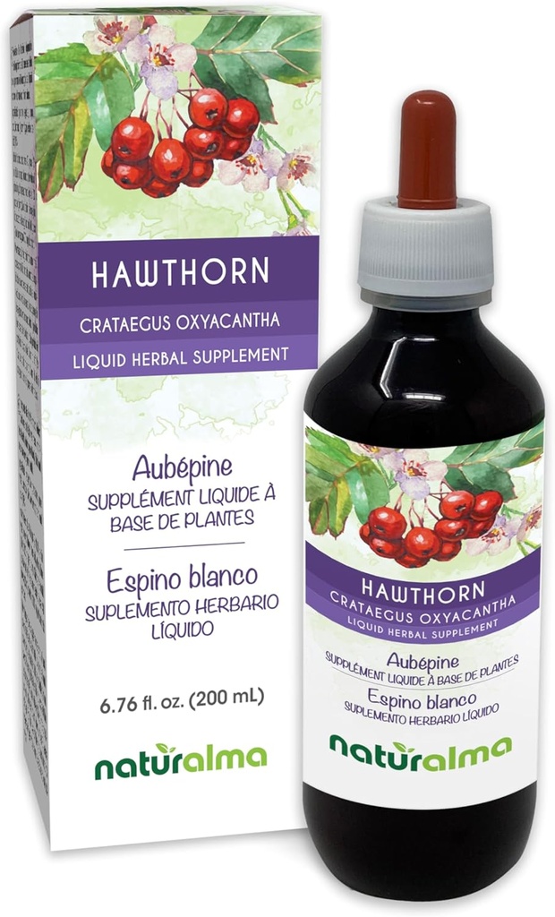 Naturalma Hawthorn (Crataegus oxyacantha) 잎과 꽃 알코올 - 무료 Tincture - 6.76 fl oz 액체 추출물 드롭 - 초본 보충 - Vegan