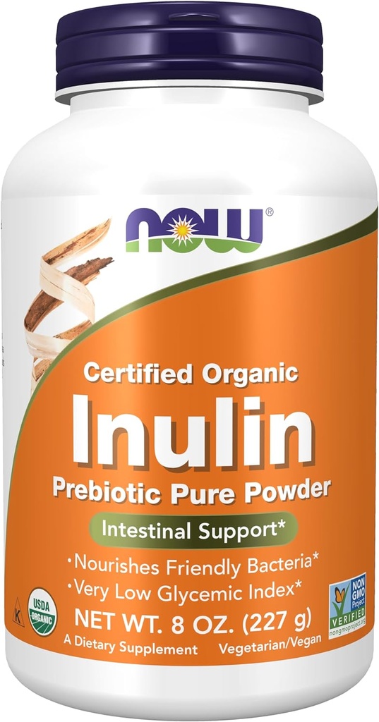 Now Foods Supplements, Inulin Prebiótico Pure Powder, Certified Organic, Non-GMO Project Verified, Intestinal Support*, 8-Ount