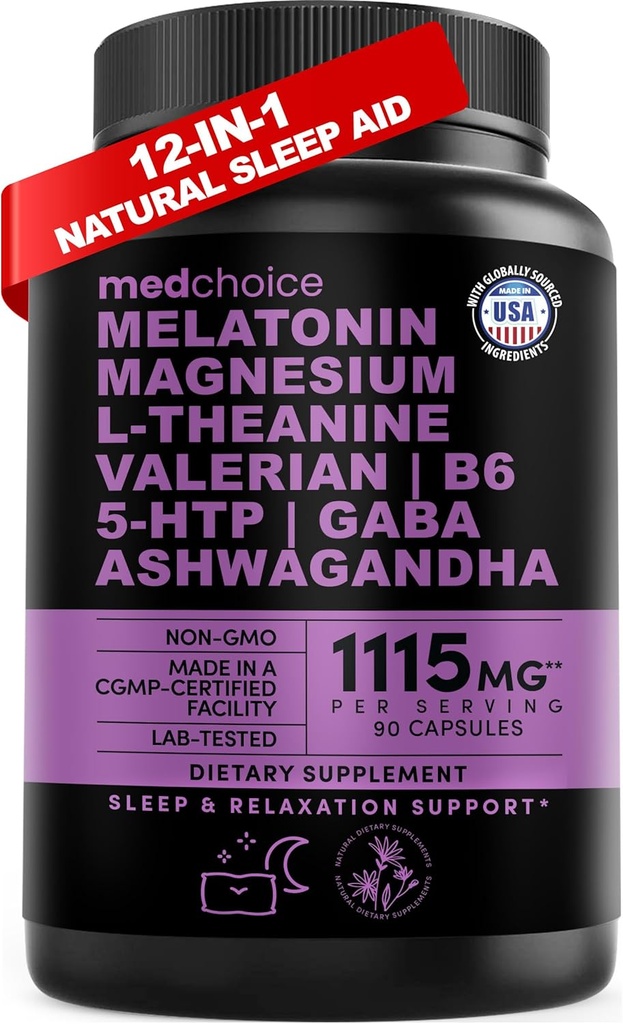 12-in- 1 Melatonin Sleep капсули - Natural Sleep Aids за възрастни с Melatonin 5mg и магнезий Glycinate 500mg, Sleep Aid with Ashwagandha, L Theanine, Valerian Root, GABA, 5-HTP (90ct, Pack of 1)