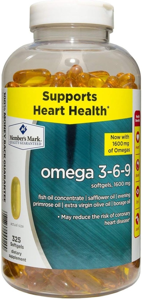 Kidearen Mark Omega 3, 6, 9 Dieta gehigarria 1600 Mg, Gel bigunak, 325Count