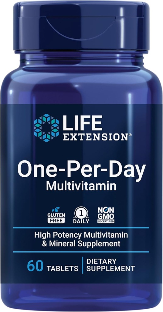 Life Extension One-Per-Day Multivitamin - ארוז עם מעל 25 ויטמינים, מינרלים ופלטי צמחים, Quercetin, 5-MTHF Folate & More - 1-Daily, Non-GMO, Gluten-Free - 60 טבליות