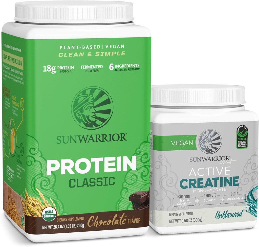 Sunwarrior Brown Rice Protein Powder Plant-Based Chocolate 30 Servings & Creatiini Monohydraatti Powder ... Micronized Unmauged, 60 tarjoilua