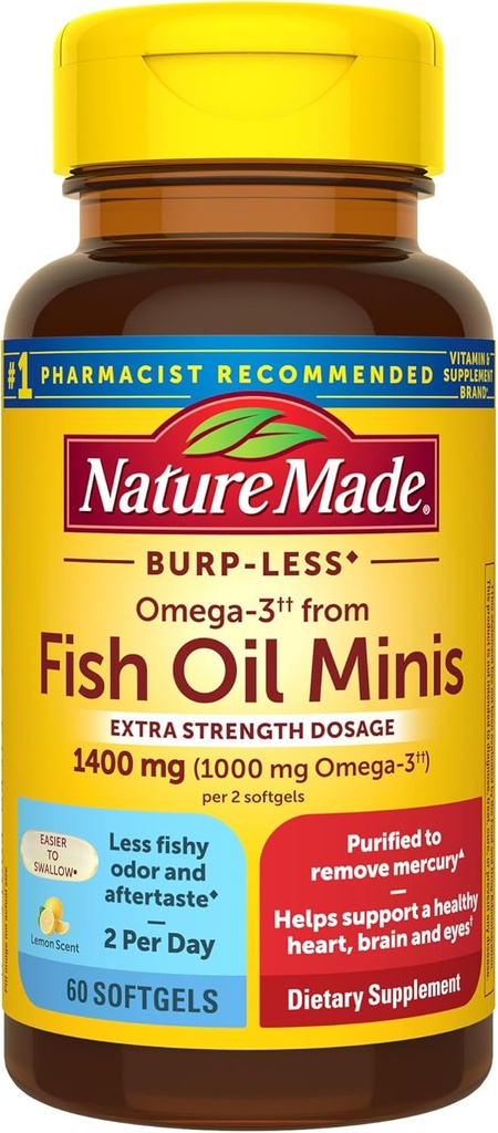 Nature Made Extra Strength Burp Az Balıq Yağı Omega 3 Adds 1400 mg Minis, Omega 3 Balıq Yağı Gənc Dəstək Beyin Gözləri üçün Ethyl Esters, 60 Softgels, 30 Day Supply