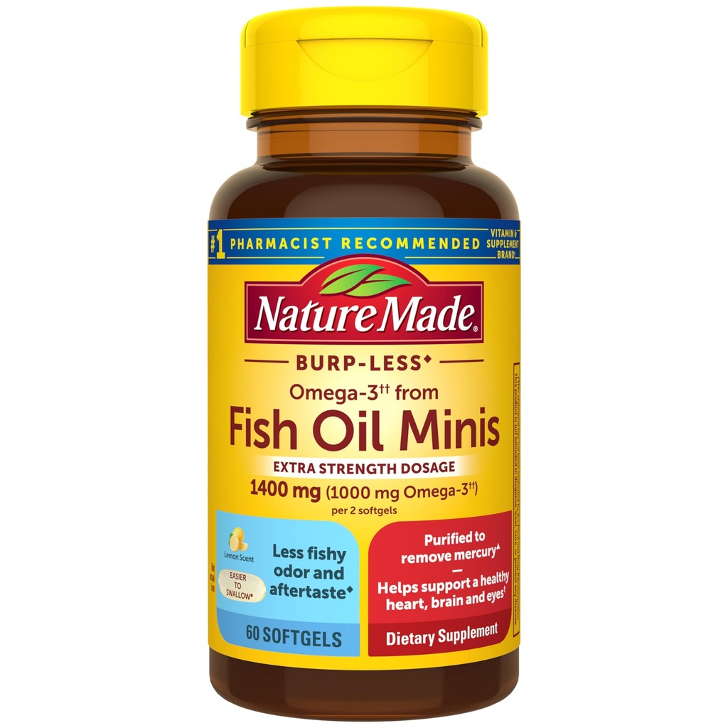 Nature Made Extra Strength Burp Less Fish Oil Omega 3 Supplements 1400 mg Minis, Omega 3 Fish Oil as Ethyl Esters for Healthy Heart Brain Eyes Support, 60 Softgels, 30 Day Supply