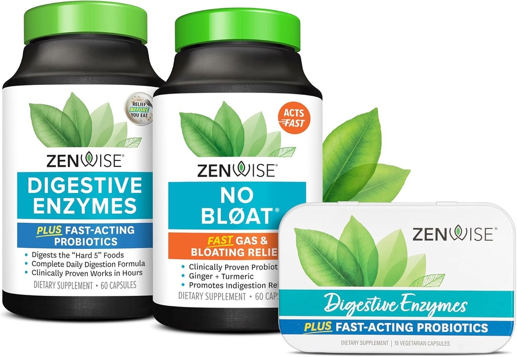 Zenwise Health Bliss Bundle Dgestive Enzymes + No Bloat + Free Travel Tin - ennen ja Post Aterian Ruoansulatuskanavan entsyymejä ja probiootteja Digestion