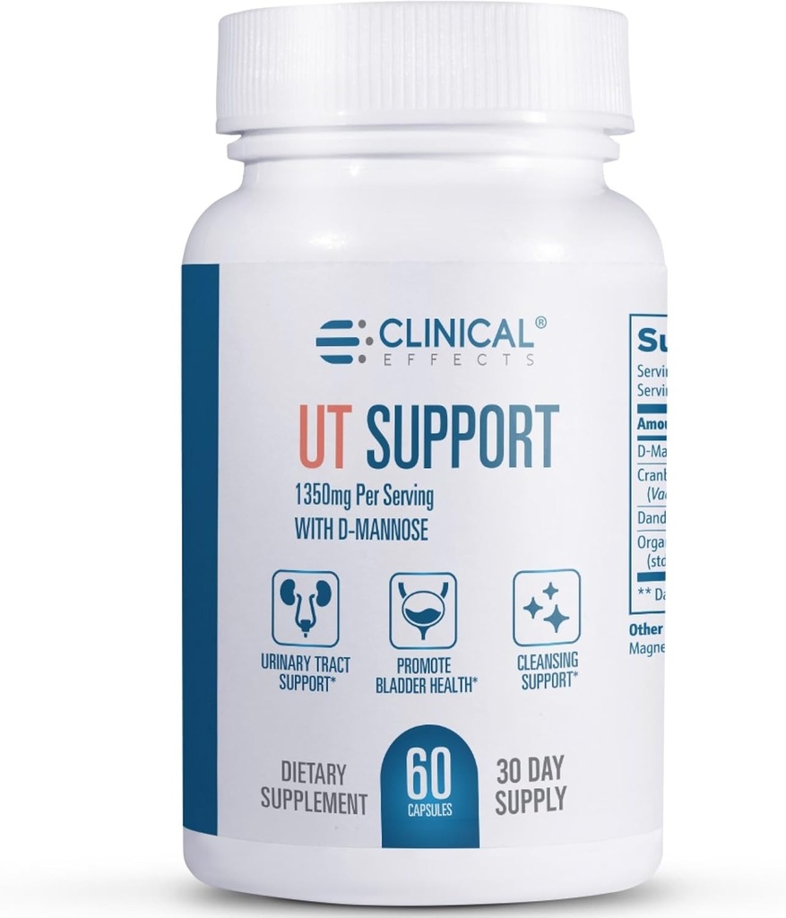 Clinical Effects UT Support - Natural Cleanse and Urinary Tract Health Support - D-Mannose, Dandelion, Hibiscus and Cranberry Pills for Women - 60 D Mannose Capsules - Made in The USA