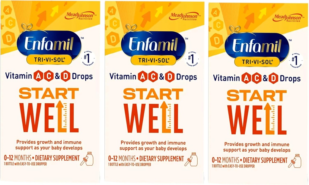 Enfamil Tri-Vi-Sol Vitamin A, C & D kapljice za dojenčke 0-12 Meseci, Rast in Imunska podpora Prehranska dopolnila, 1 steklenica s kapalko (Pack of 3)